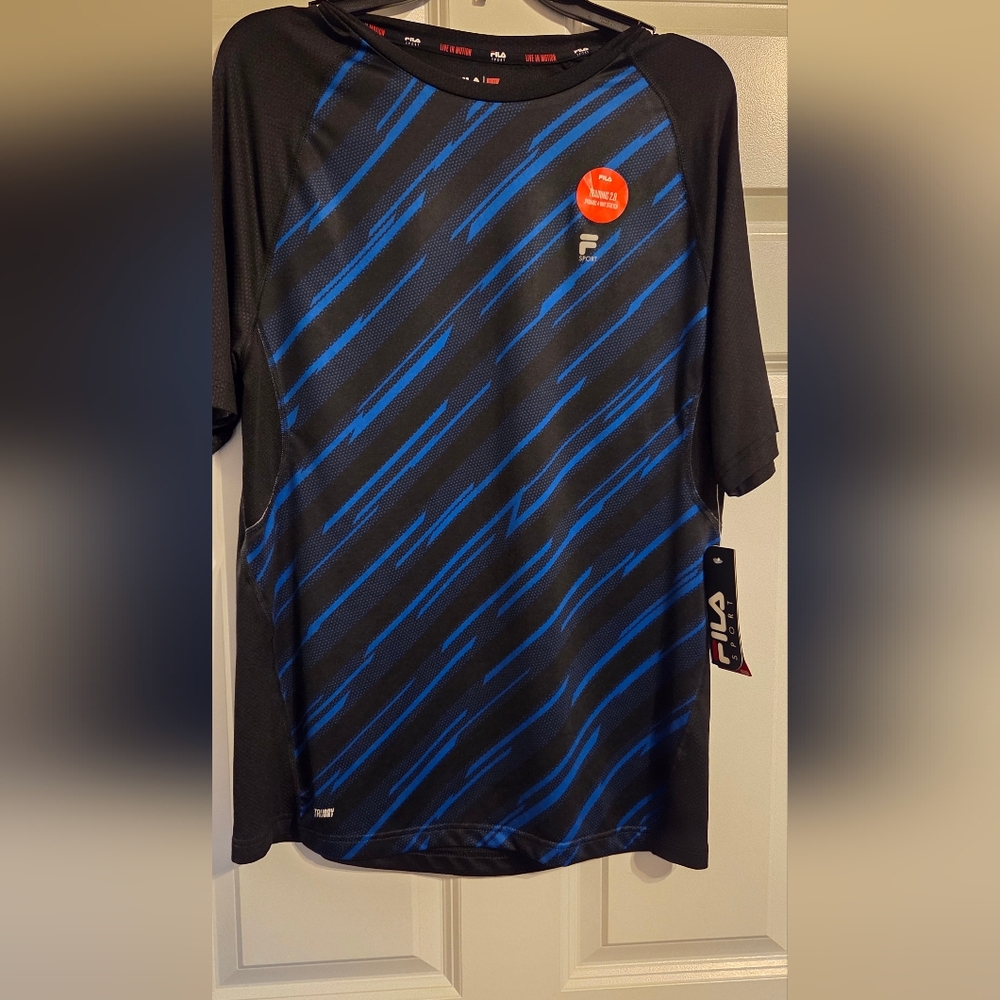 Fila Men's Black and Blue Striped Shirt New M